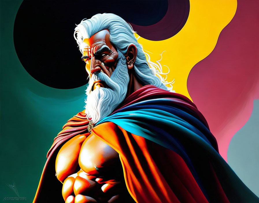 Muscular older man with white hair in red and blue cape on abstract background