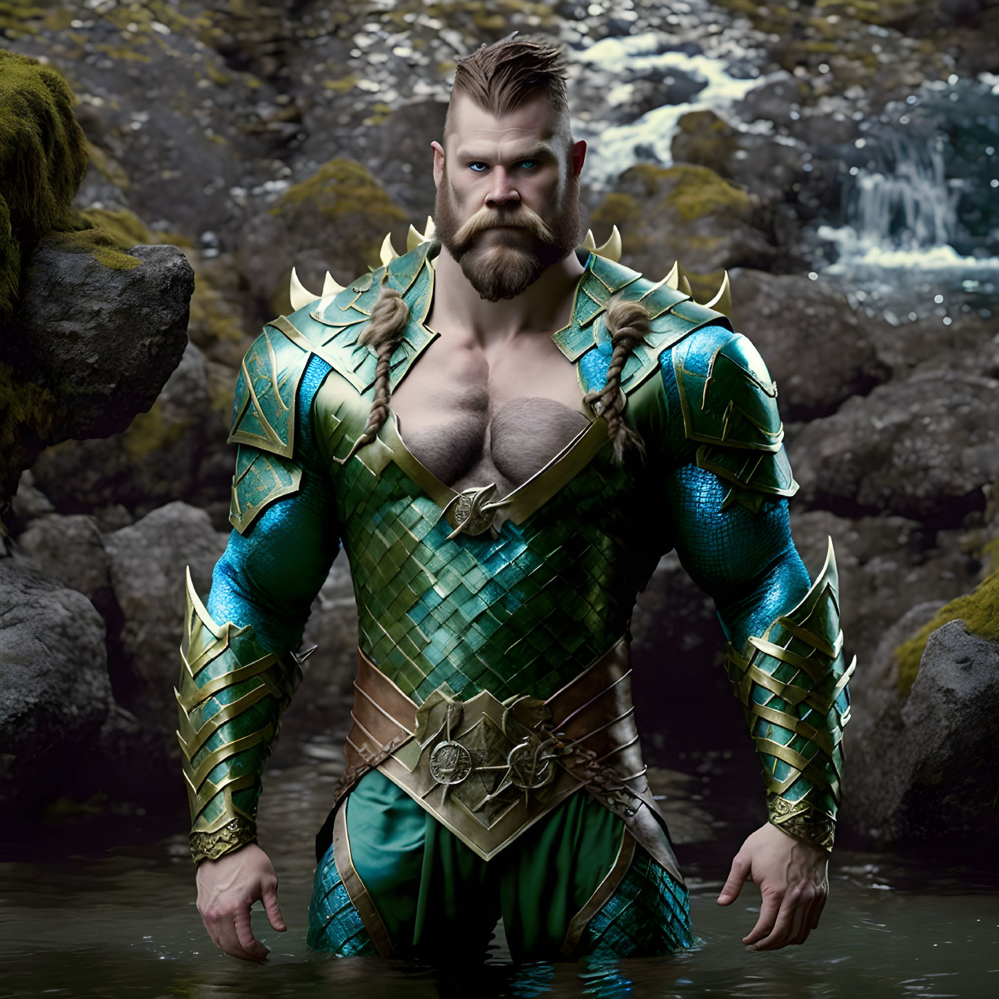 Muscular character in green and gold armor by rocky waterfall