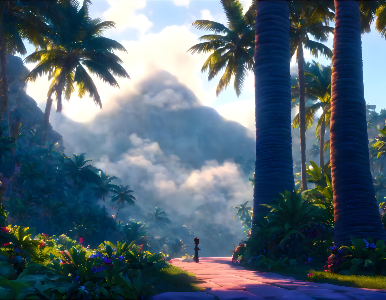 Solitary figure on vibrant path with palm trees and misty mountain in lush tropical landscape