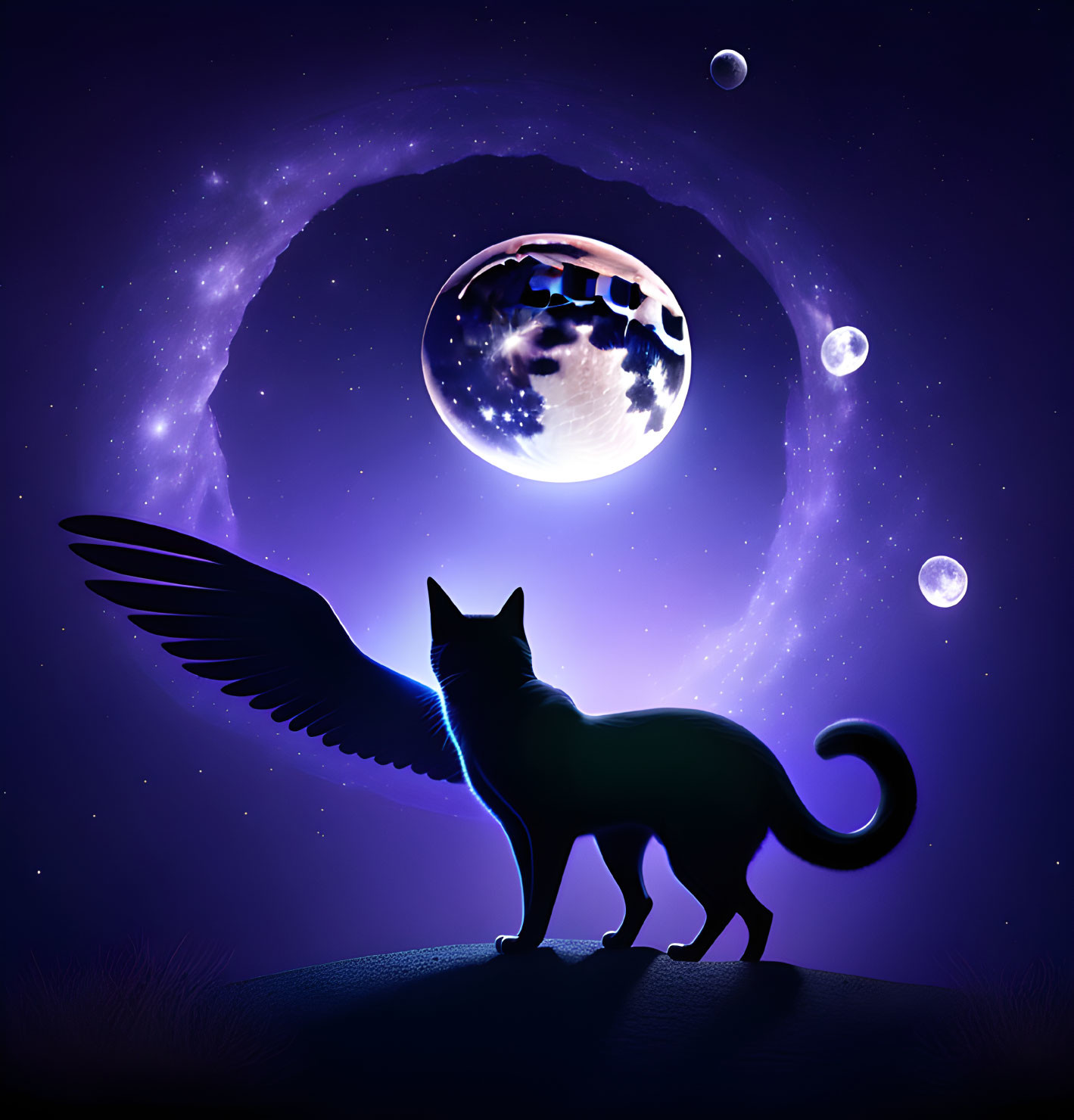 Silhouetted cat with glowing wings on hill under surreal night sky.