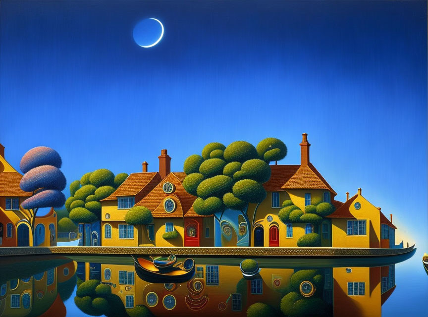 Surreal landscape with stylized houses, exaggerated trees, and crescent moon