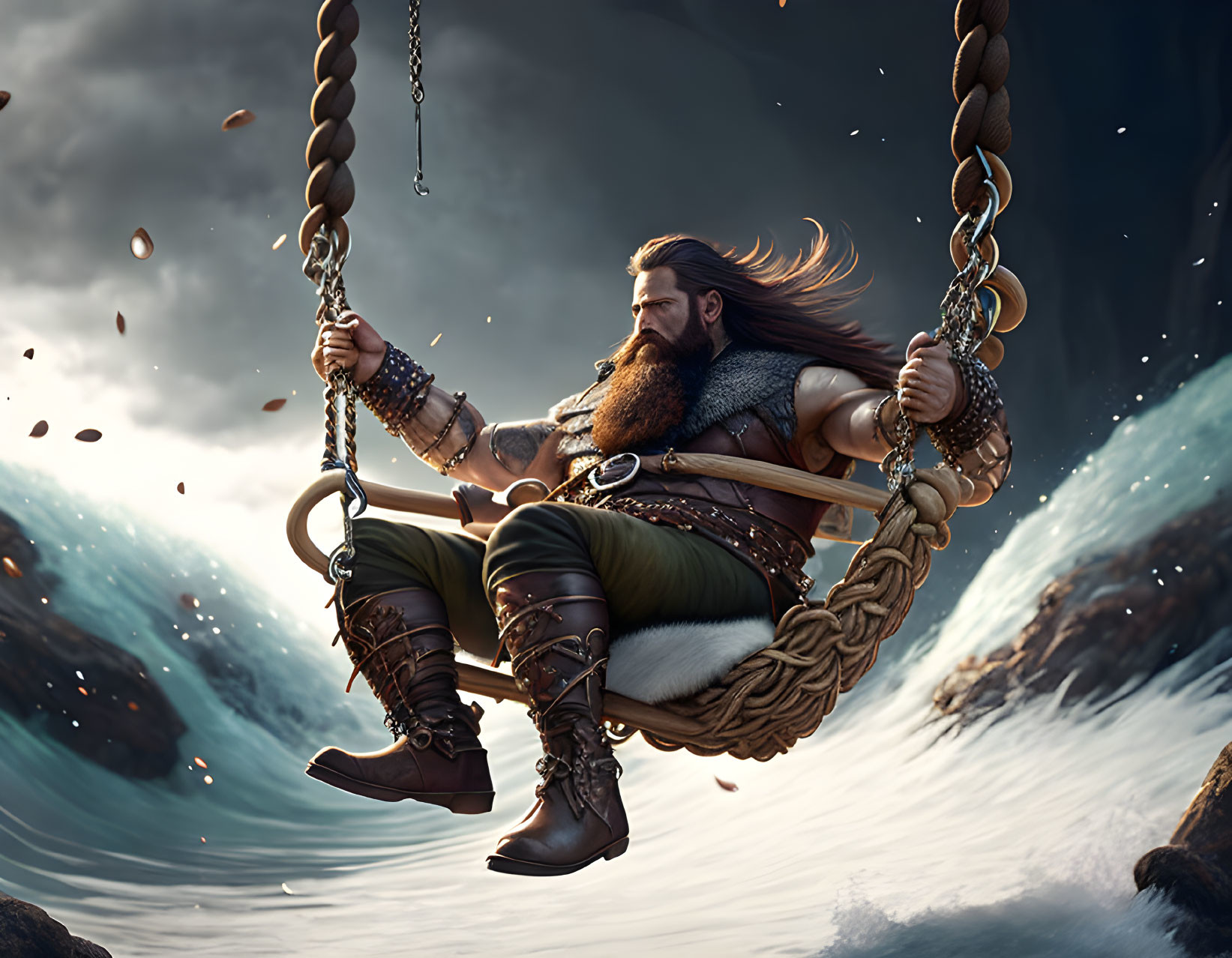 Muscular Viking swings on rope above stormy sea with dramatic sky