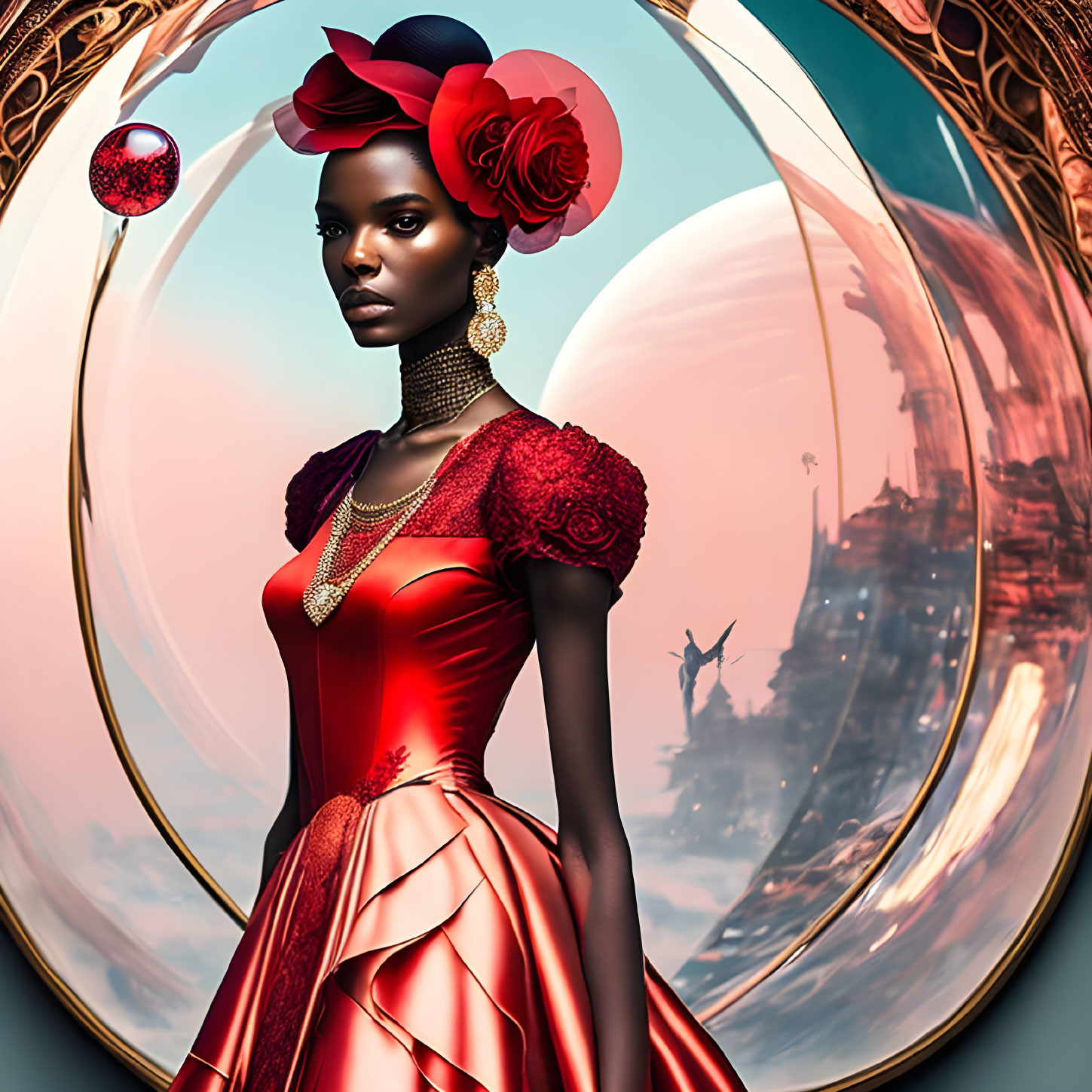 Stylish woman in red dress and hat with roses, gold jewelry, in fantastical setting