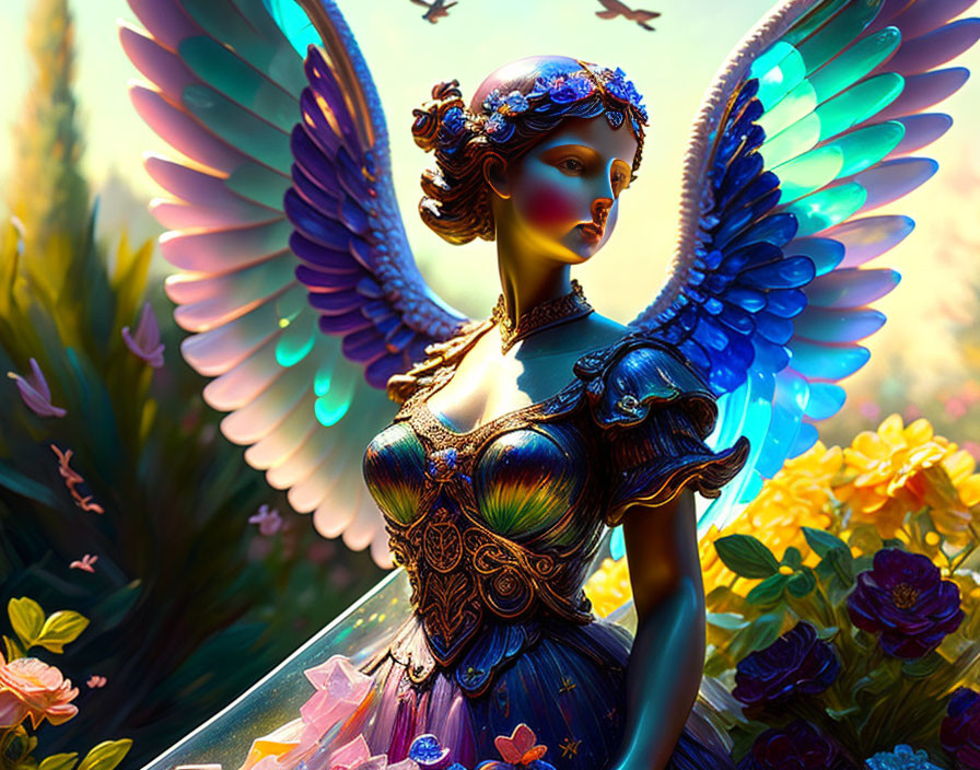 Colorful illustration: Woman with blue butterfly wings in floral crown and intricate dress among vibrant garden flowers