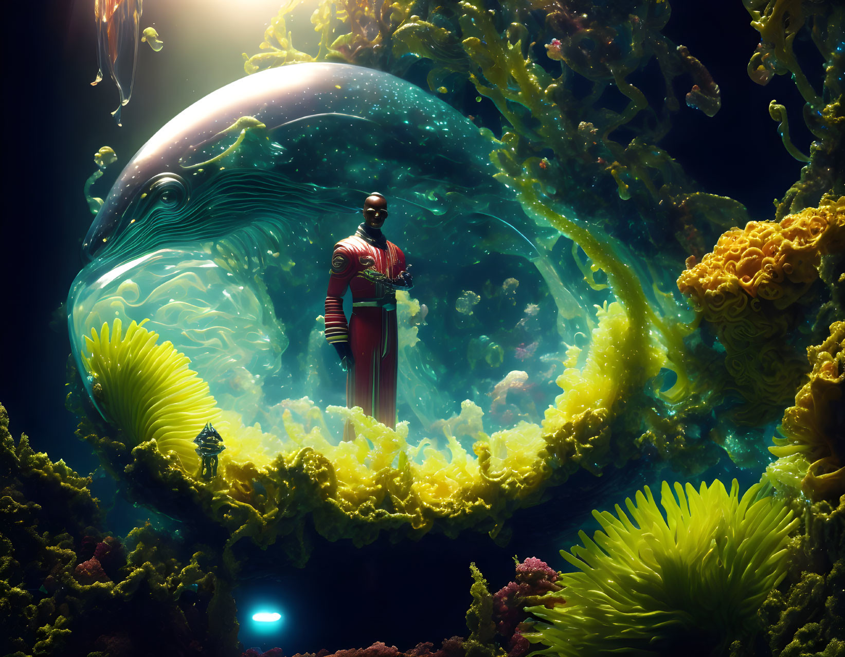 Striped person in vibrant underwater scene with coral, whale, and luminescent elements