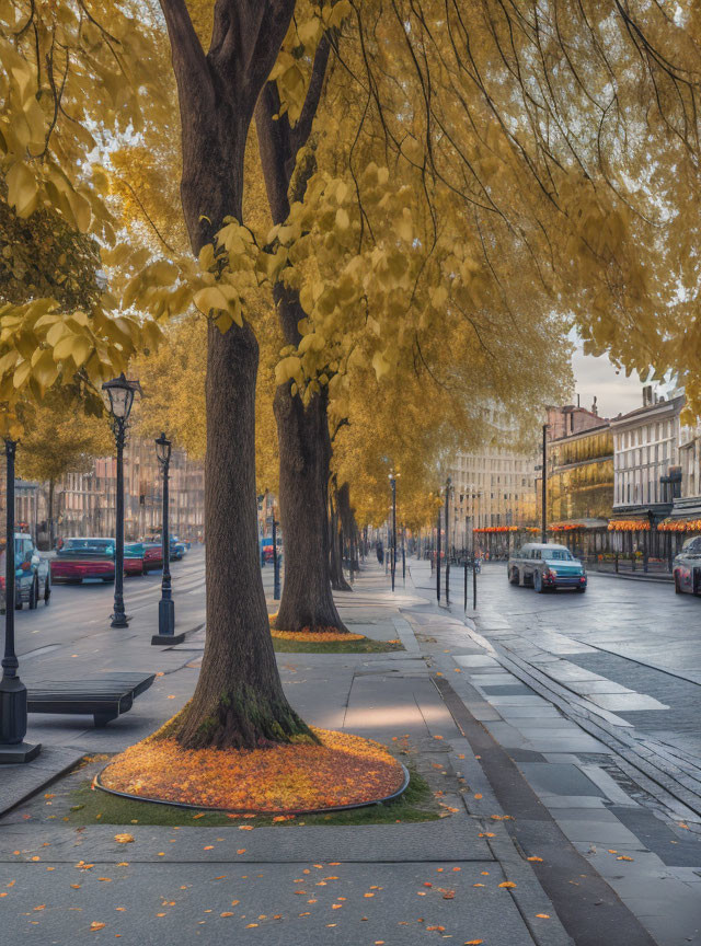 Tranquil Autumn Street with Golden Trees and Fallen Leaves