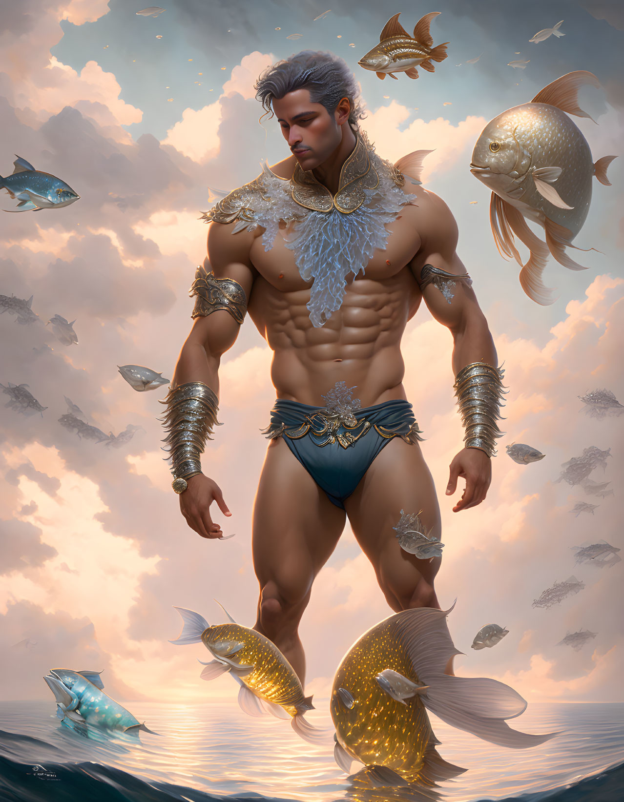 Muscular man in ornate aquatic armor surrounded by golden fish in water