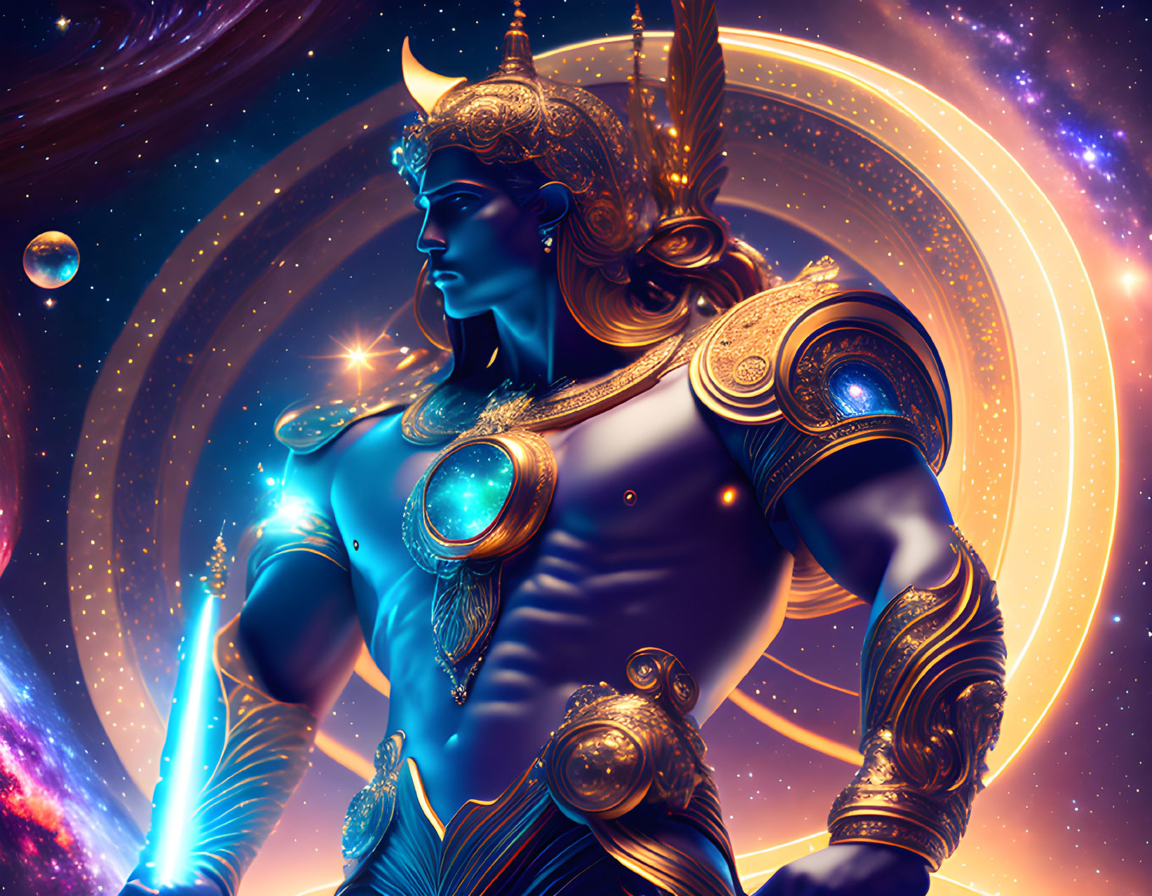 Armored warrior with glowing blue sword in cosmic backdrop