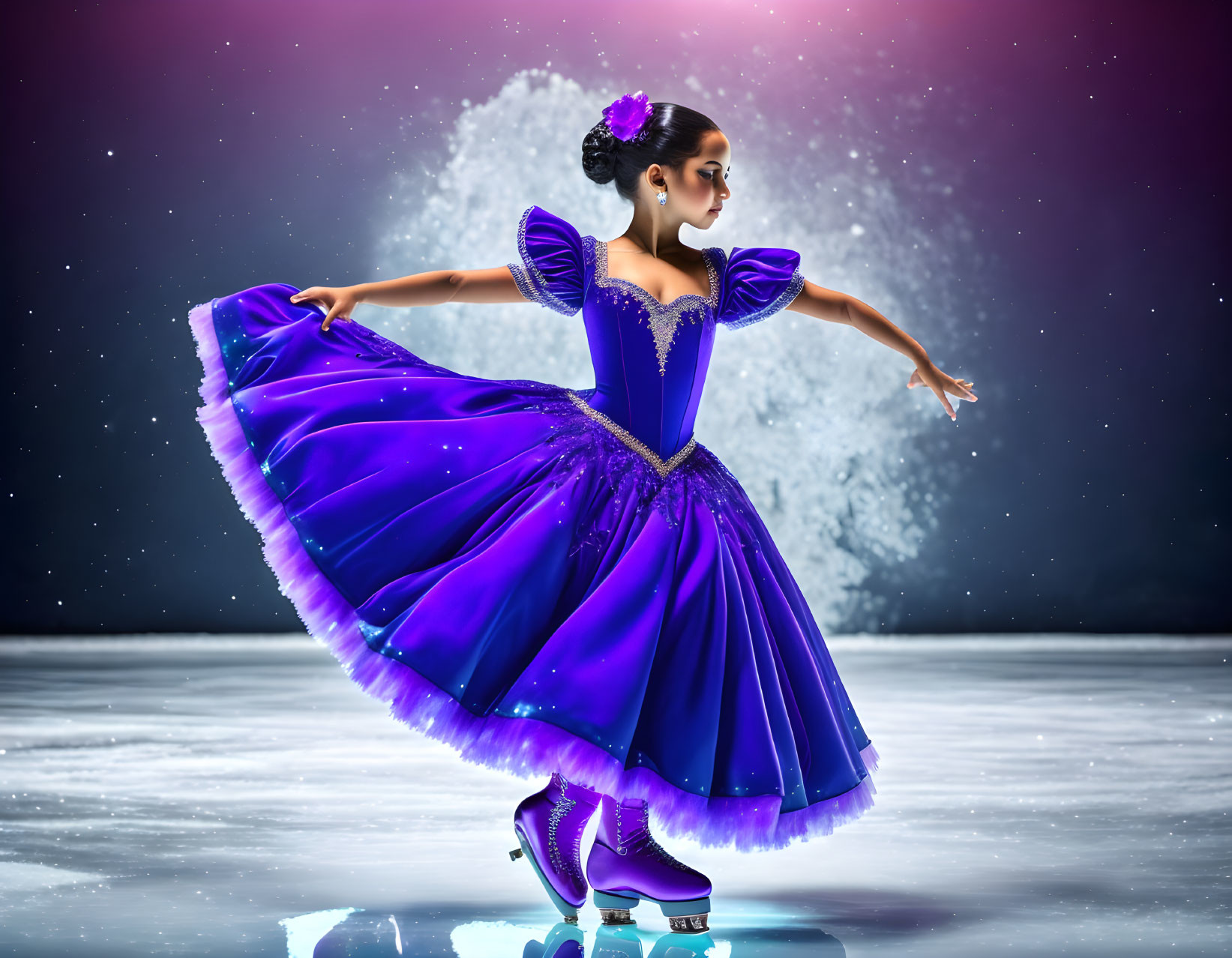 Elegant Figure Skater in Purple Dress on Ice with Dynamic Lighting