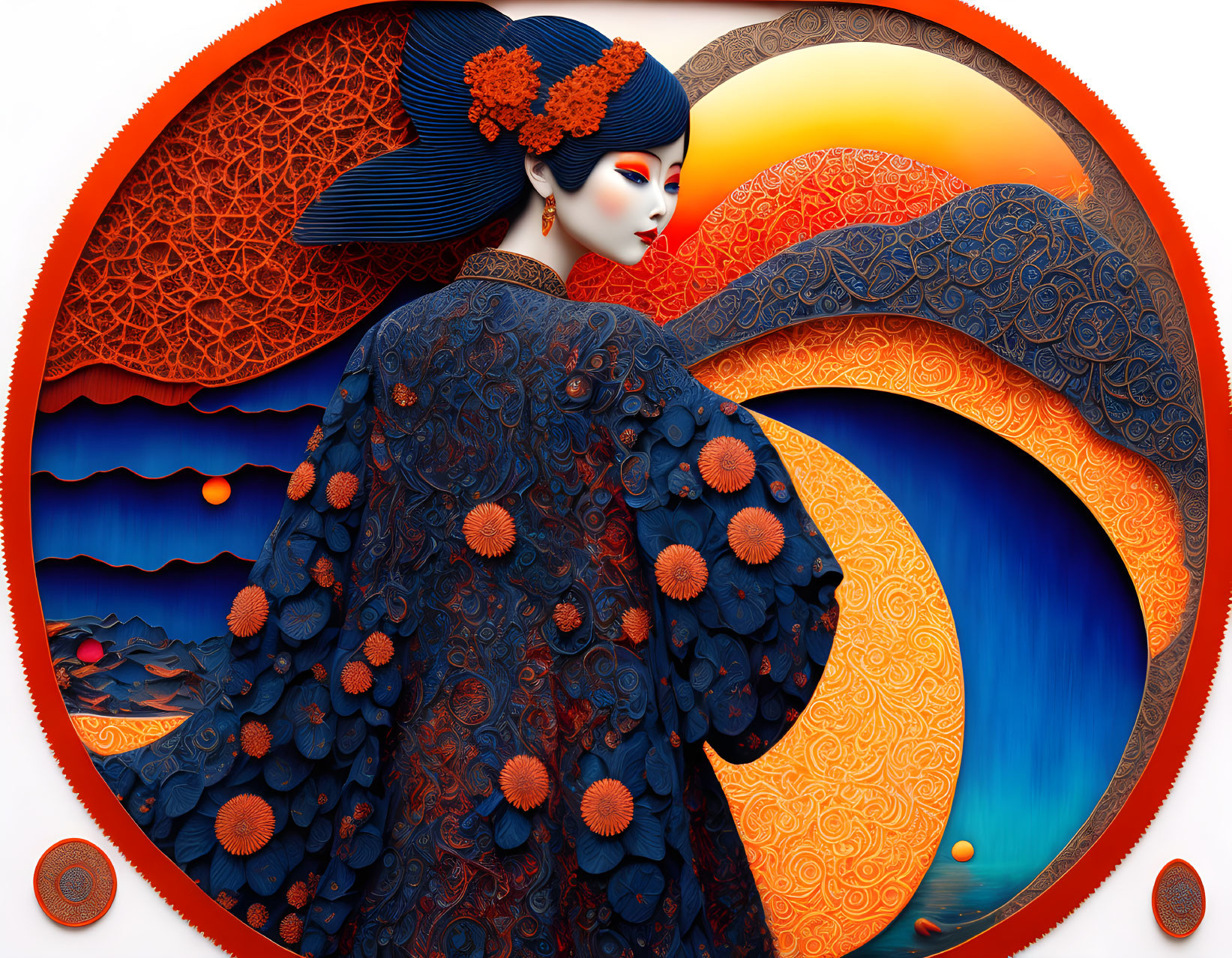 Woman in blue kimono with orange accents on vibrant wave-patterned backdrop