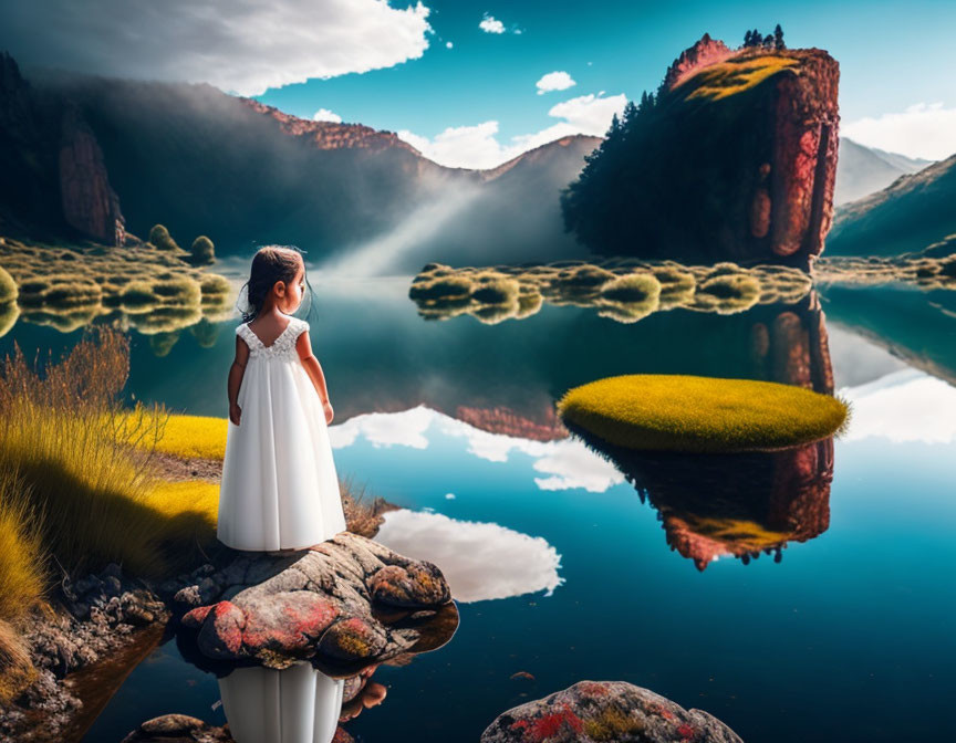 Young girl in white dress by serene mountain lake on mossy rock