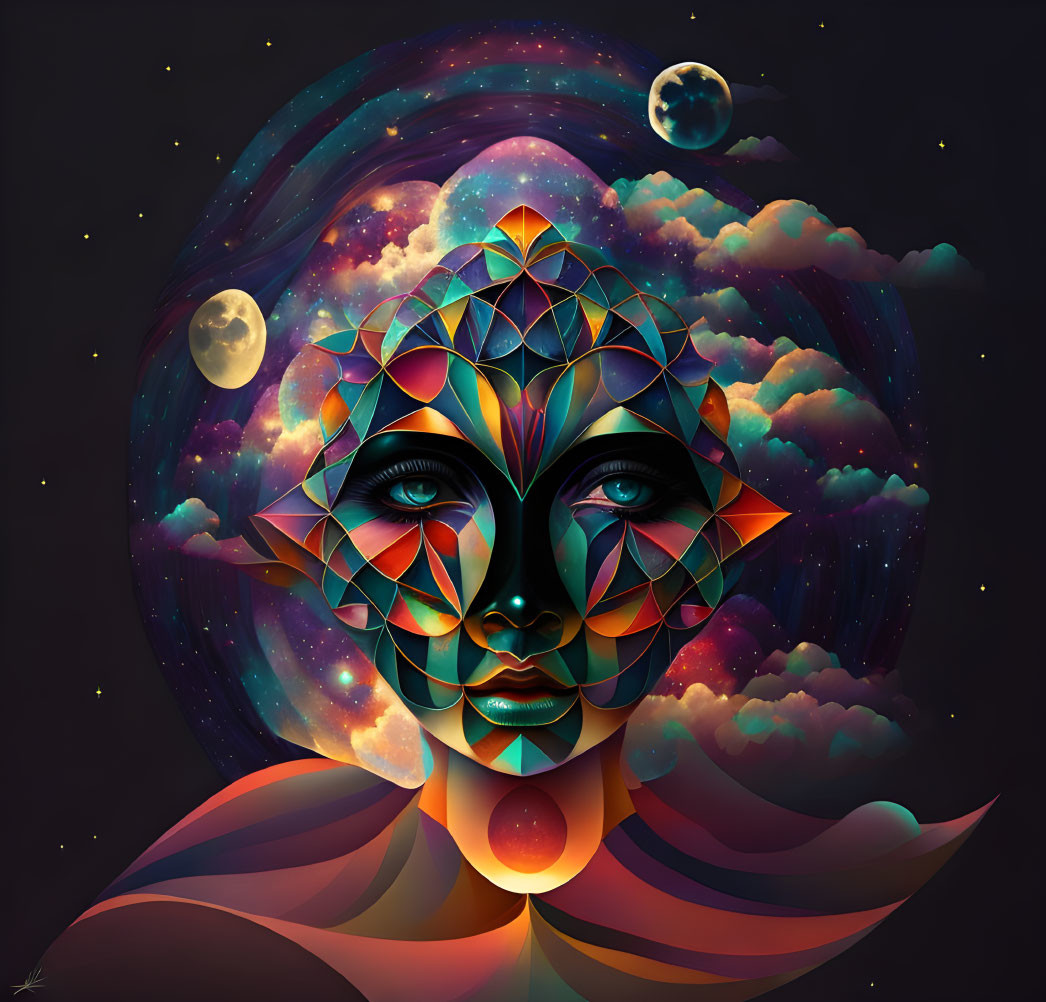 Geometric surreal face against cosmic backdrop