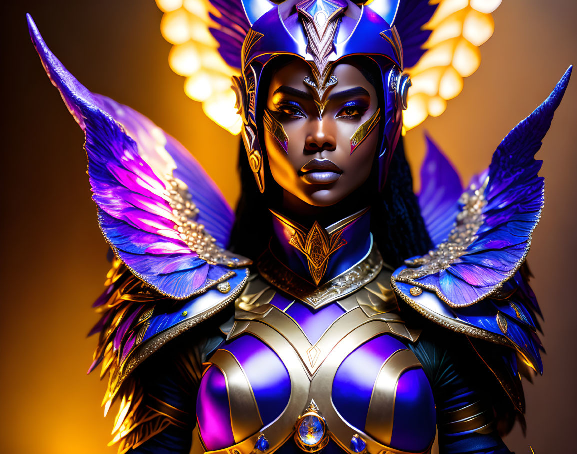 Fantastical female character with golden headgear and purple armor