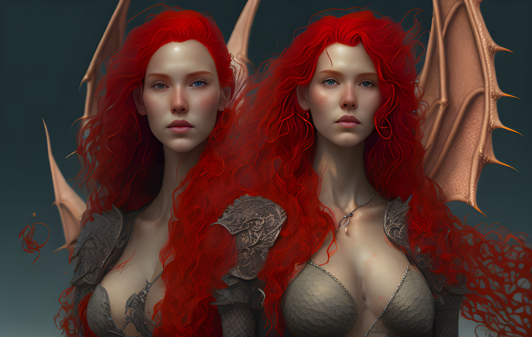 Identical fantasy female characters with red hair, pointed ears, dragon wings, scale armor, muted background