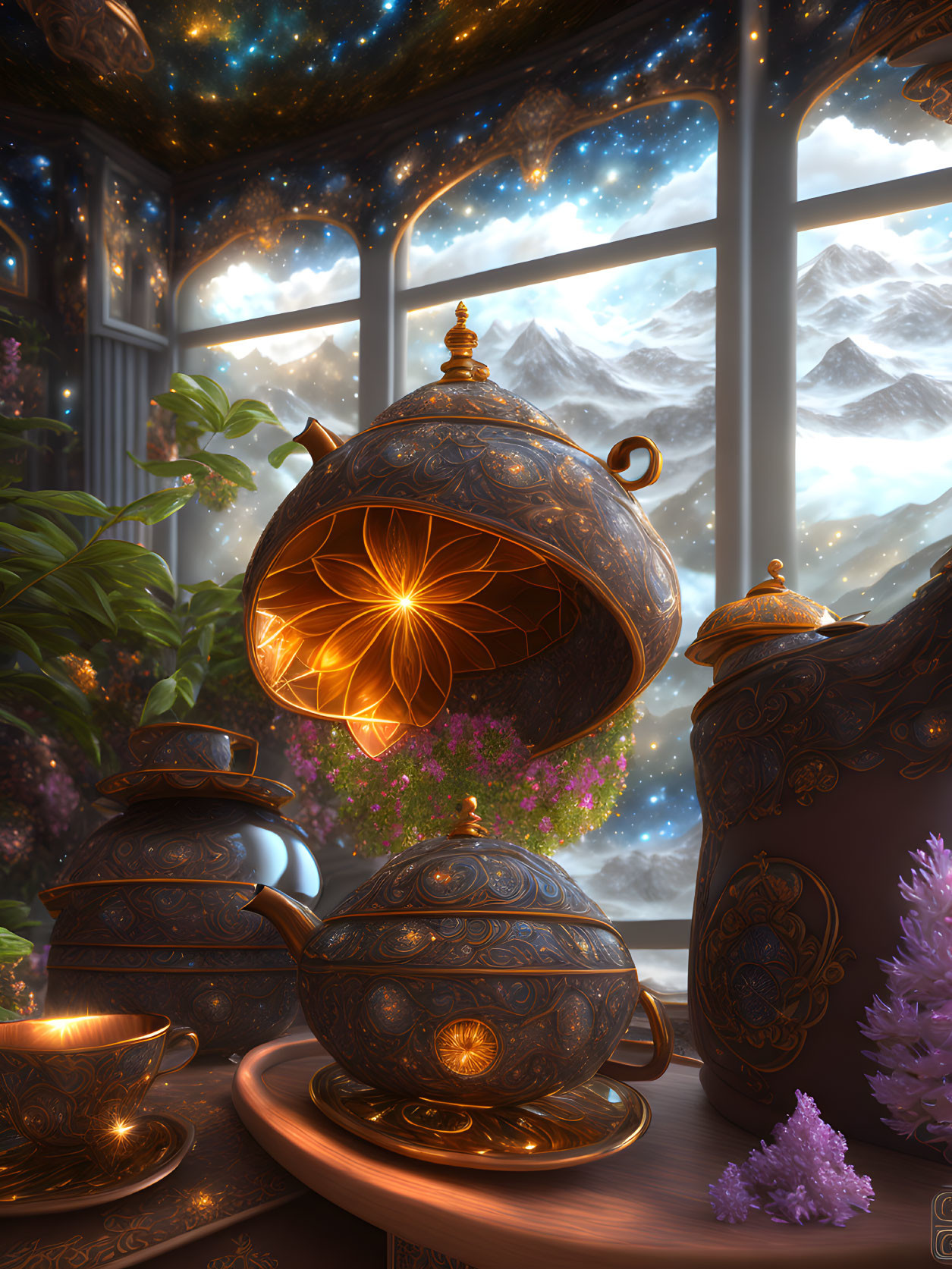 Floating teapot above ornate tea set under starry night sky