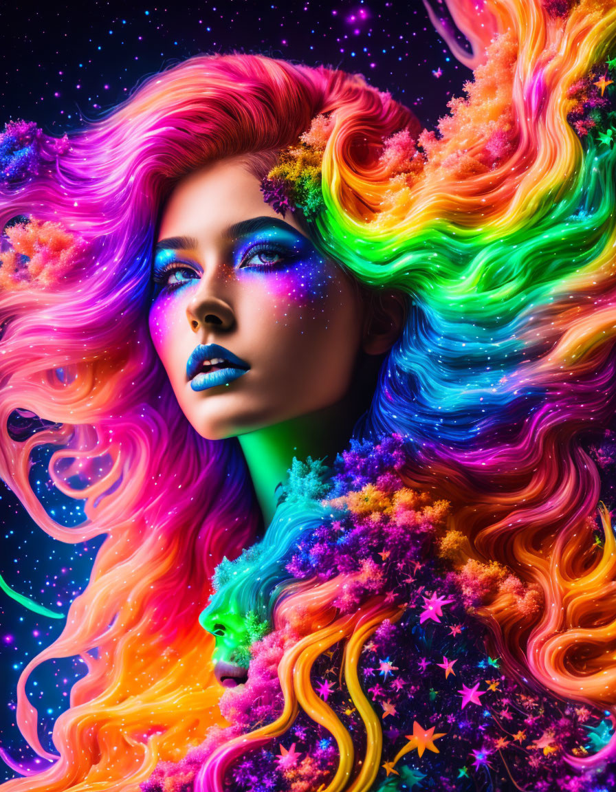 Colorful Galaxy-Themed Woman Portrait with Stars and Floral Elements