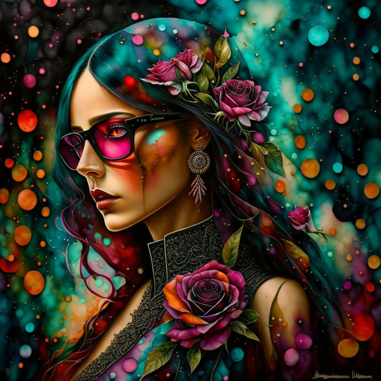 Teal-haired woman with roses and red sunglasses on dark background