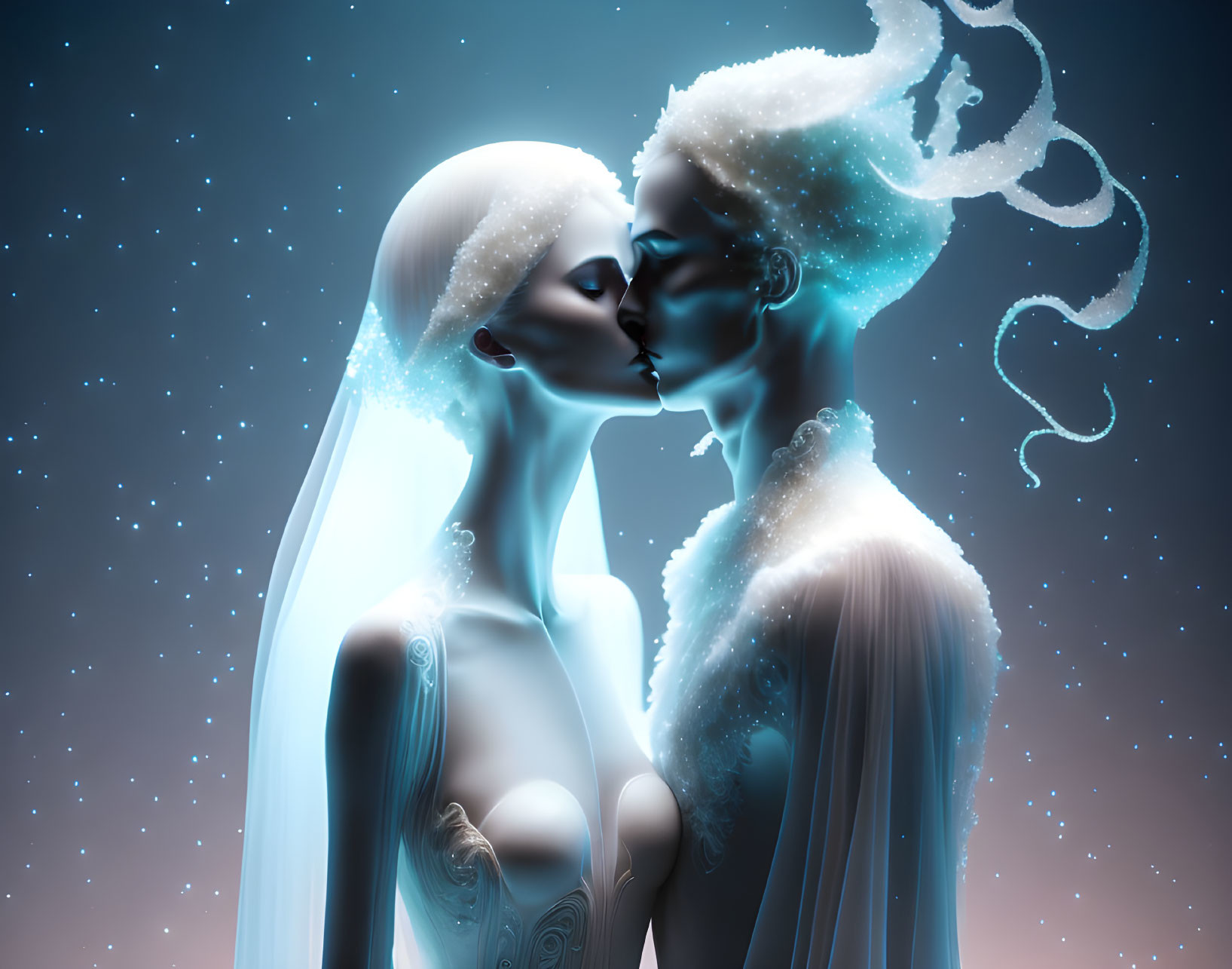 Cosmic-themed couple embracing in starry universe