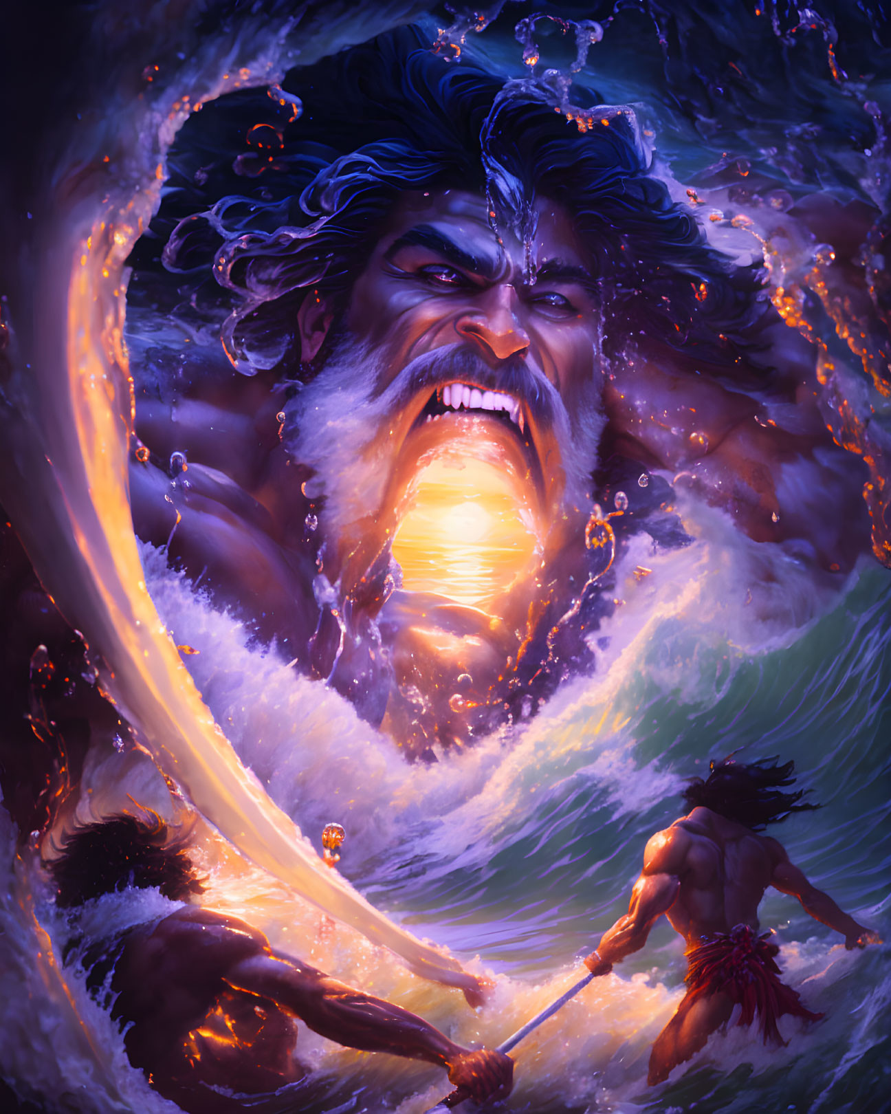 Illustration of Giant Poseidon-like Deity with Swirling Water and Human Figures