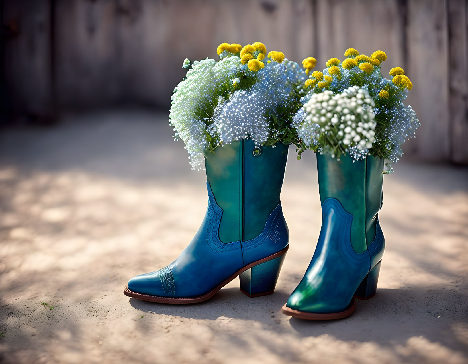 Turquoise Cowboy Boots with White and Yellow Flowers on Concrete Surface