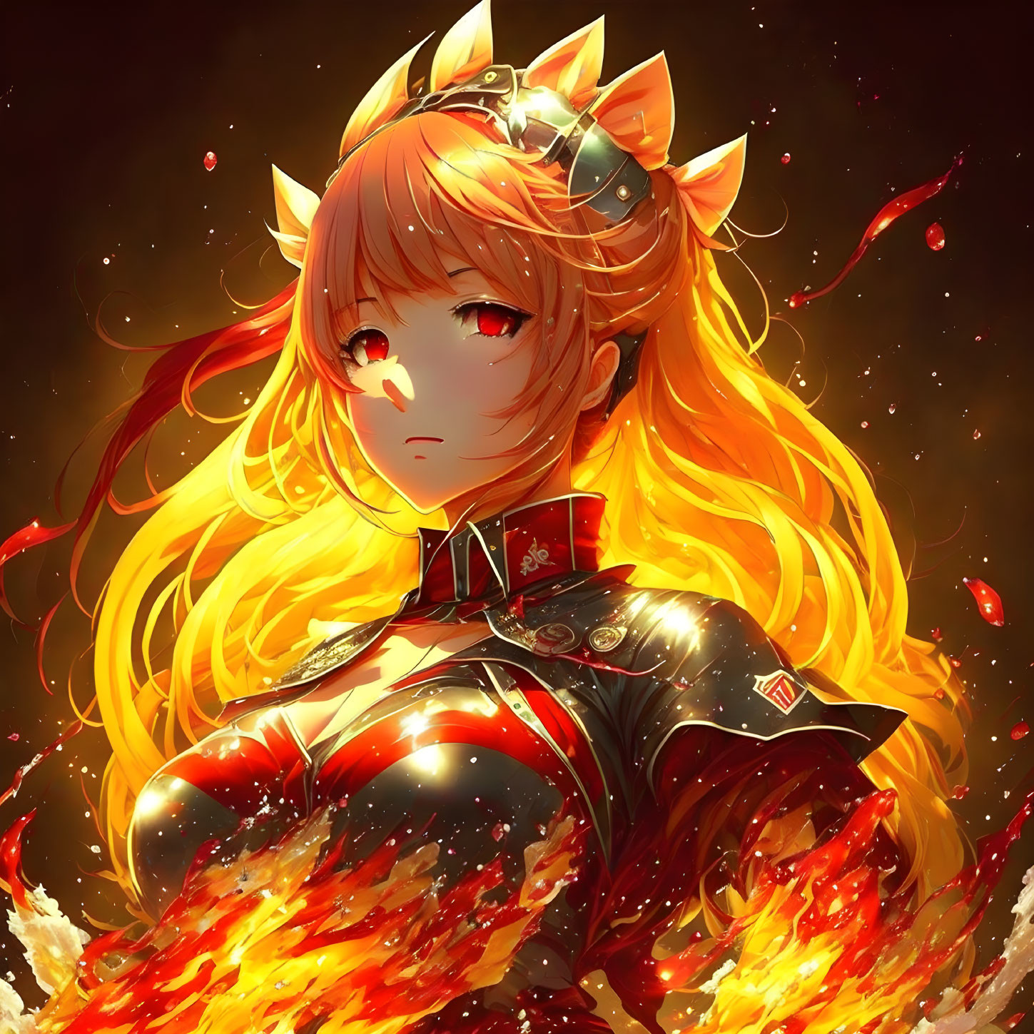 Golden-Haired Animated Character with Fox Ears and Headpiece in Fiery Setting