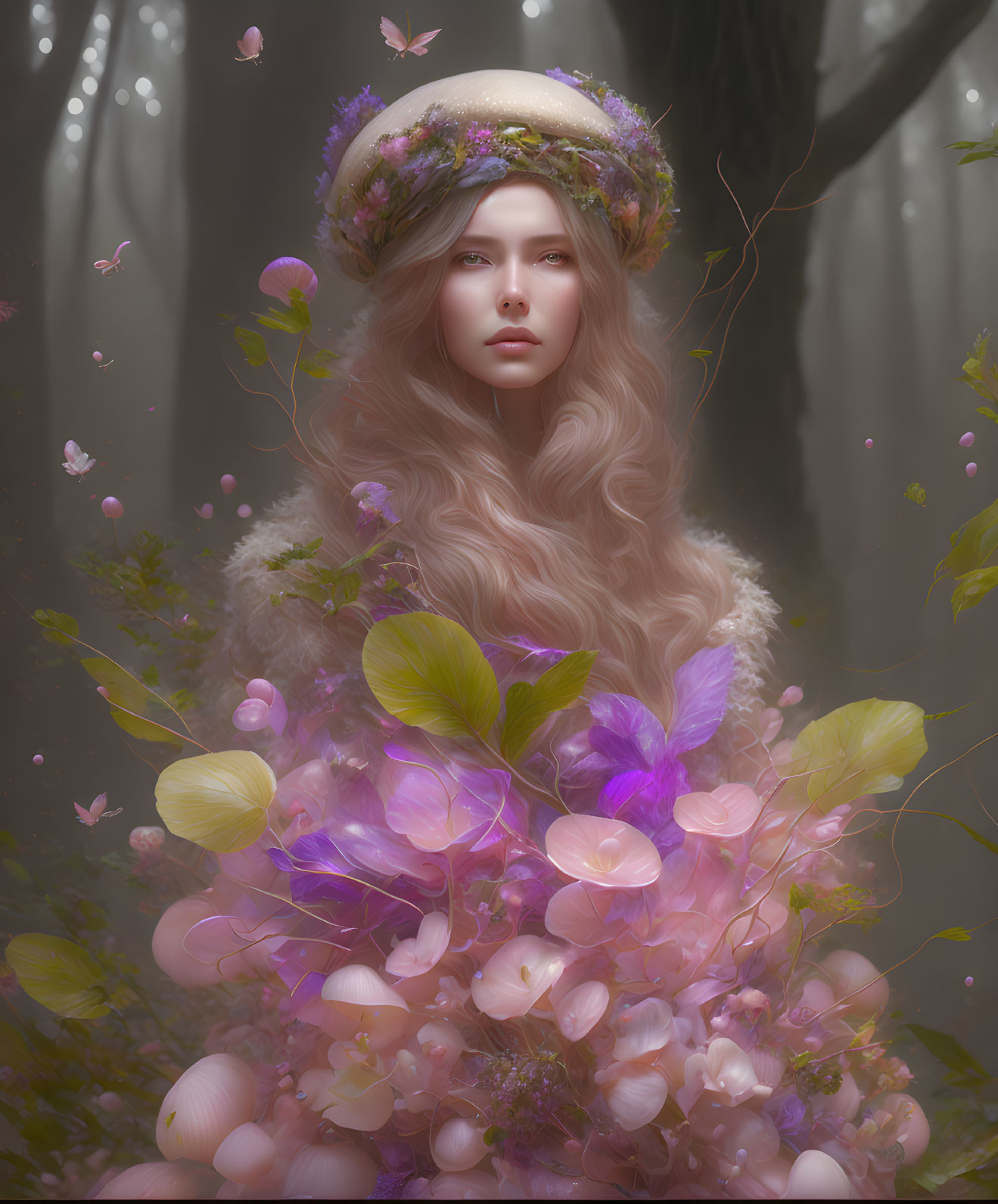 Surreal portrait of woman with long hair in mystical forest scene