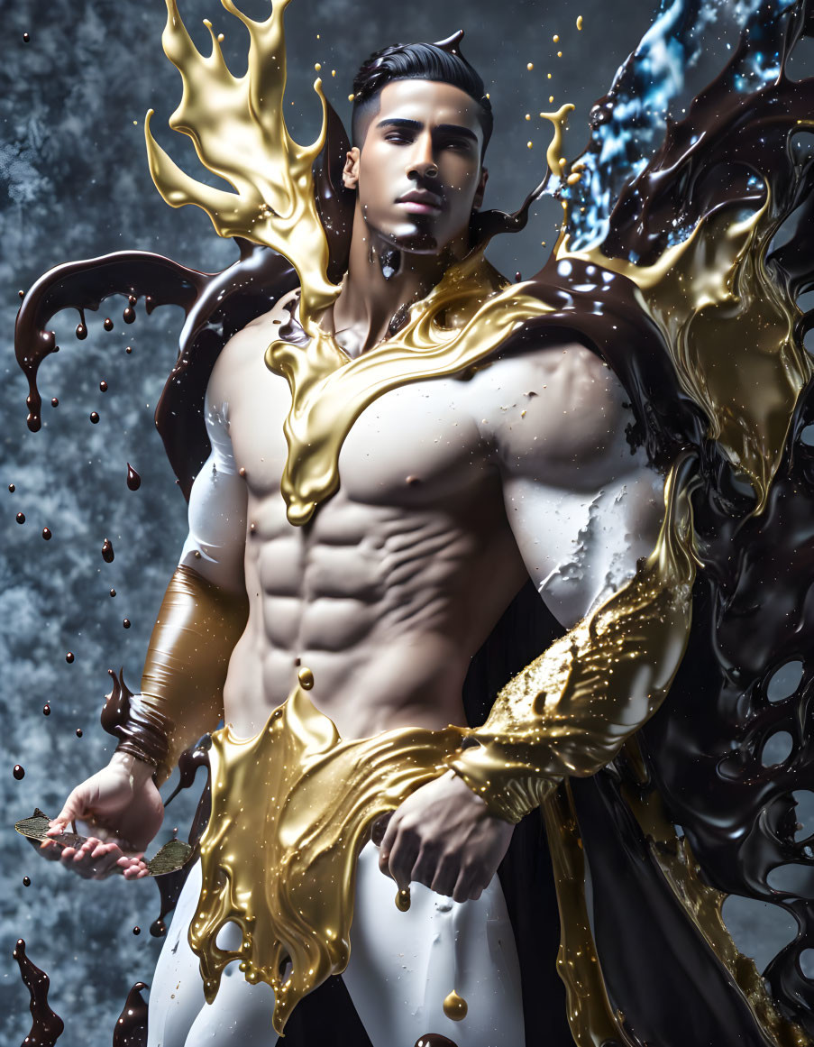 Muscular man with gold and black liquid swirls symbolizing power and motion