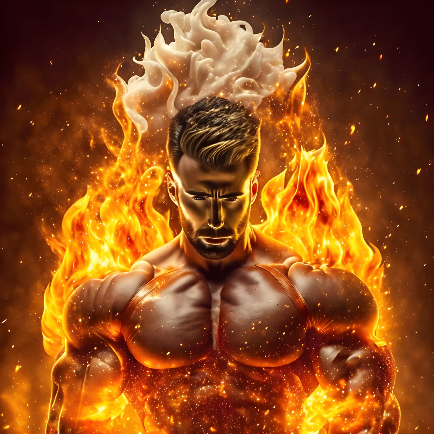 Muscular man engulfed in flames with fiery lion mane on orange background