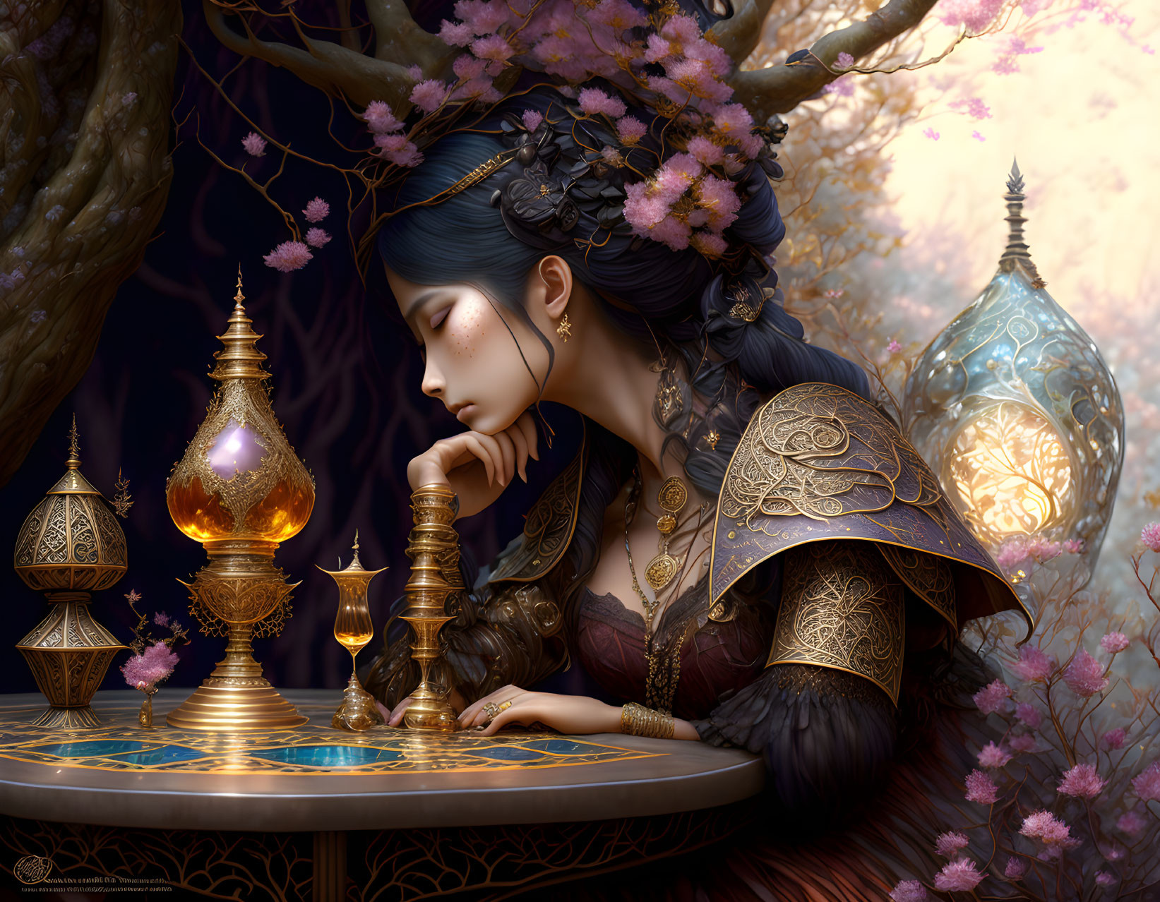 Detailed Fantasy Scene: Woman in Blue Hair and Golden Armor with Ornate Table