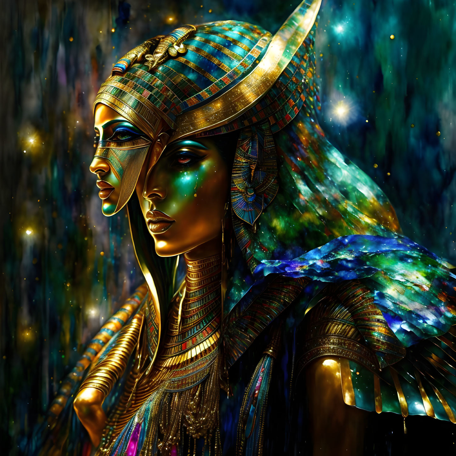 Colorful artwork: Person in pharaoh's headdress with gold and blue details on cosmic background