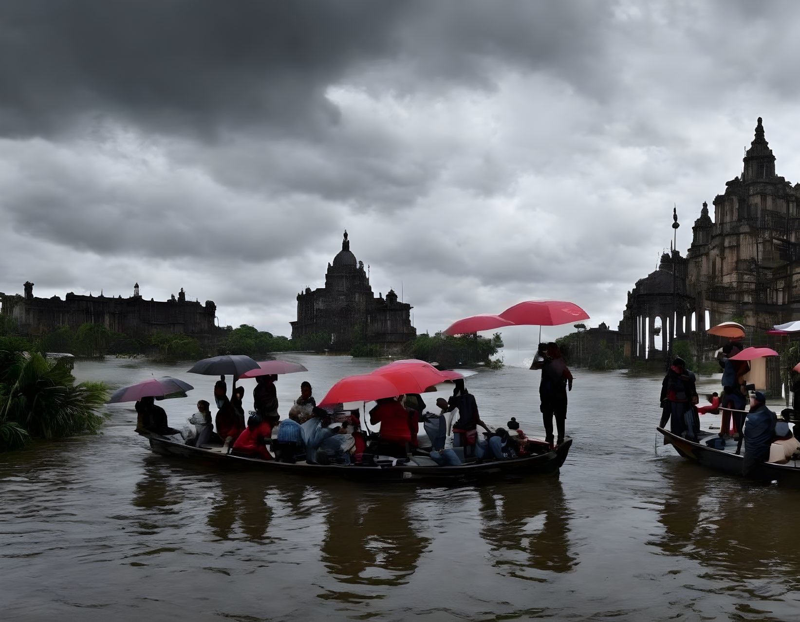 People with umbrellas on a boat in flooded area with historic building and overcast sky.