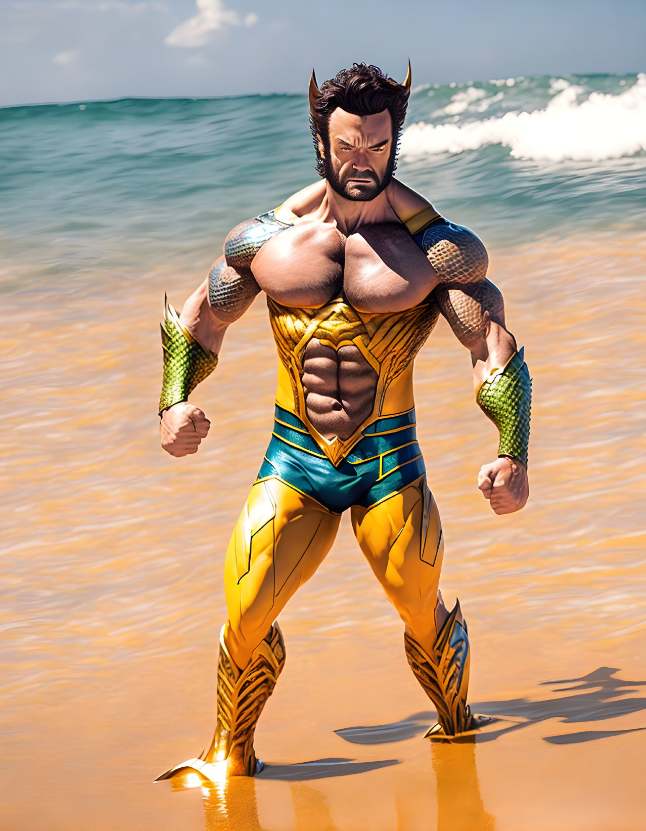 Muscular Animated Character in Yellow and Blue Costume on Sunny Beach