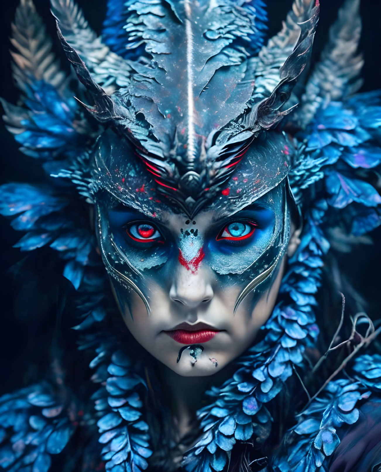 Striking Blue and Red Facial Makeup with Feathered Headgear