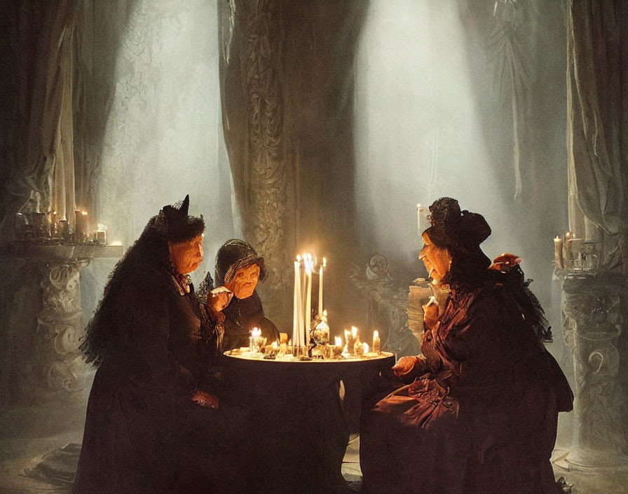 Three people in period costumes and animal masks at a candlelit table in a dim, moody room