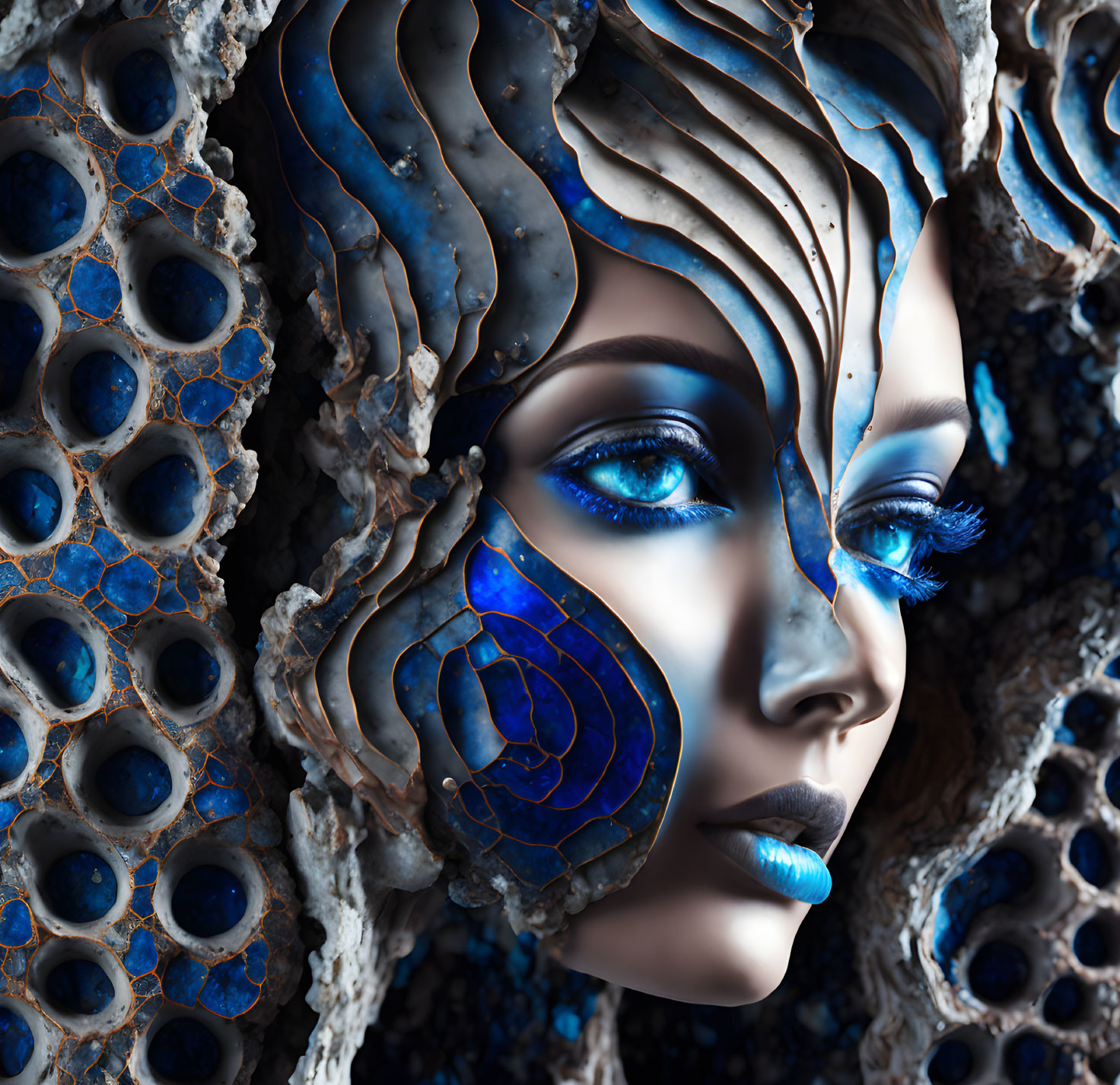 Artistic close-up of female face with blue patterned skin merging with honeycomb-like structure