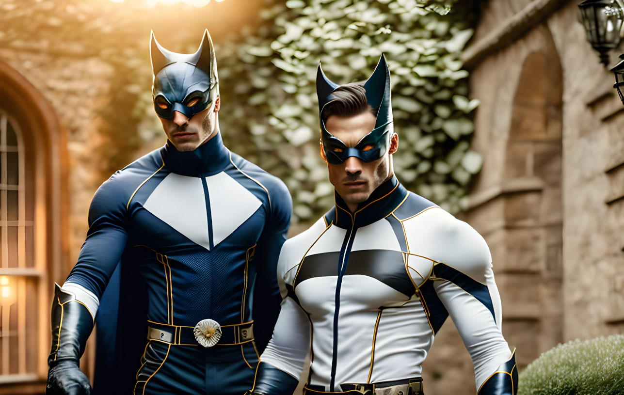 Two people in bat-like superhero costumes with capes in outdoor setting.