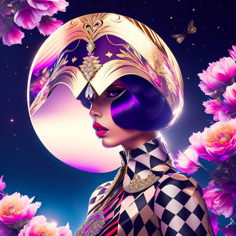 Stylized woman with crescent moon headpiece, vibrant flowers, butterflies, dark blue background