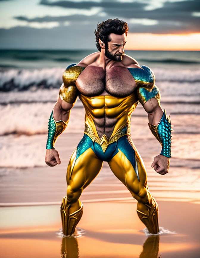 Muscular Superhero in Golden and Blue Costume on Beach at Sunset