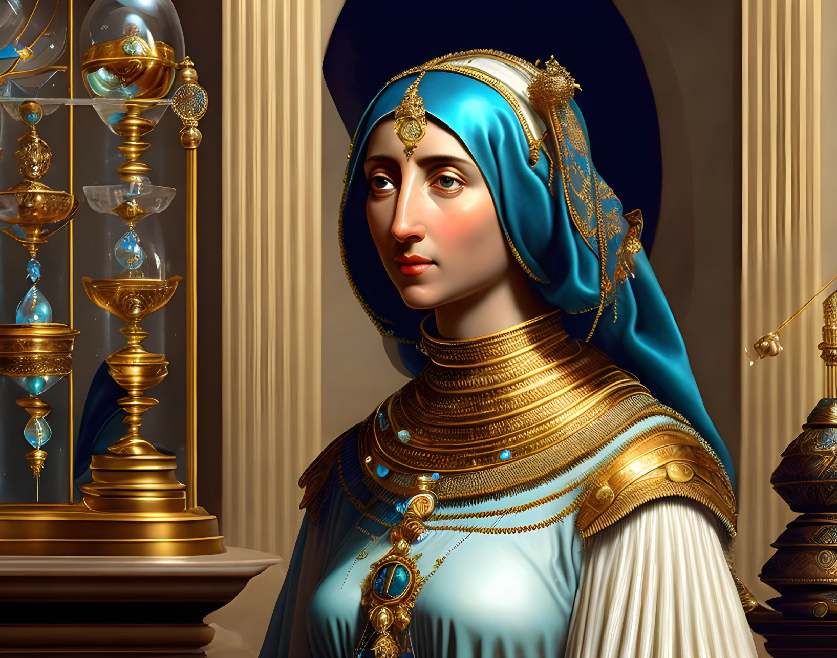 Regal Woman in Blue and Gold Attire with Intricate Jewelry