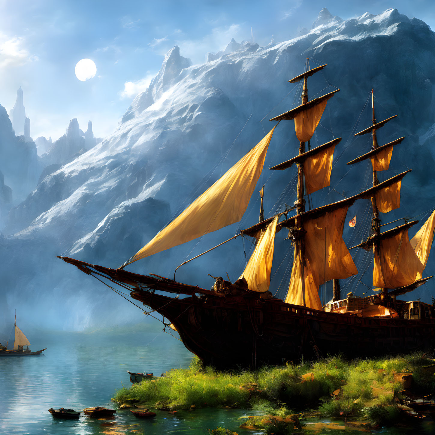 Golden-sailed galleon in misty mountain bay