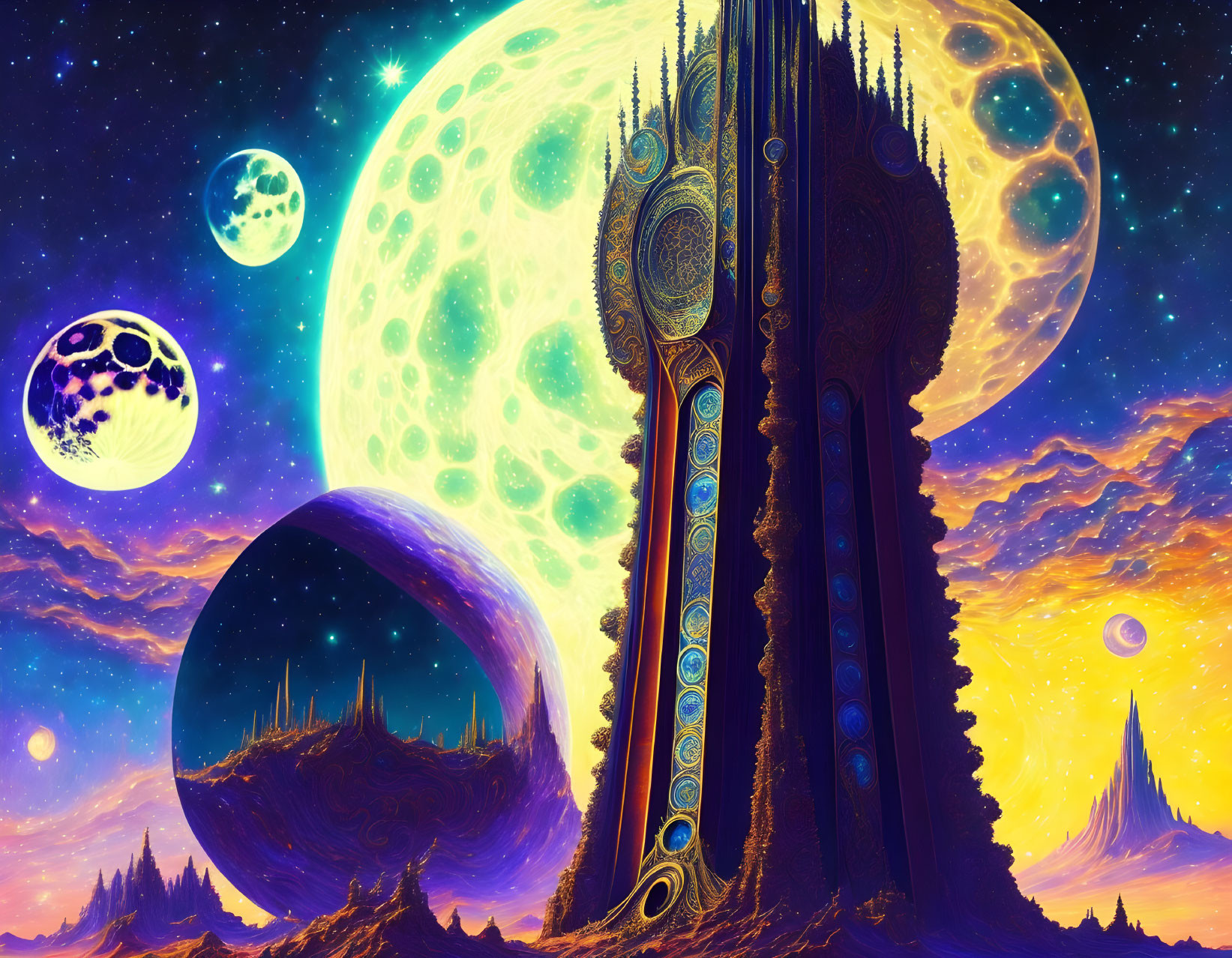 Alien landscape with towering structures and multiple moons