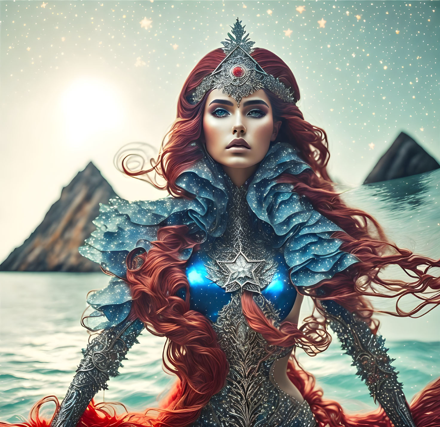 Mystical woman with red hair in blue gown by the sea