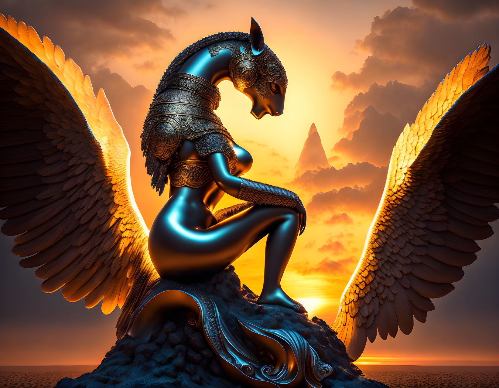 Surreal Anubis-like Figure with Wings at Sunset Pyramids