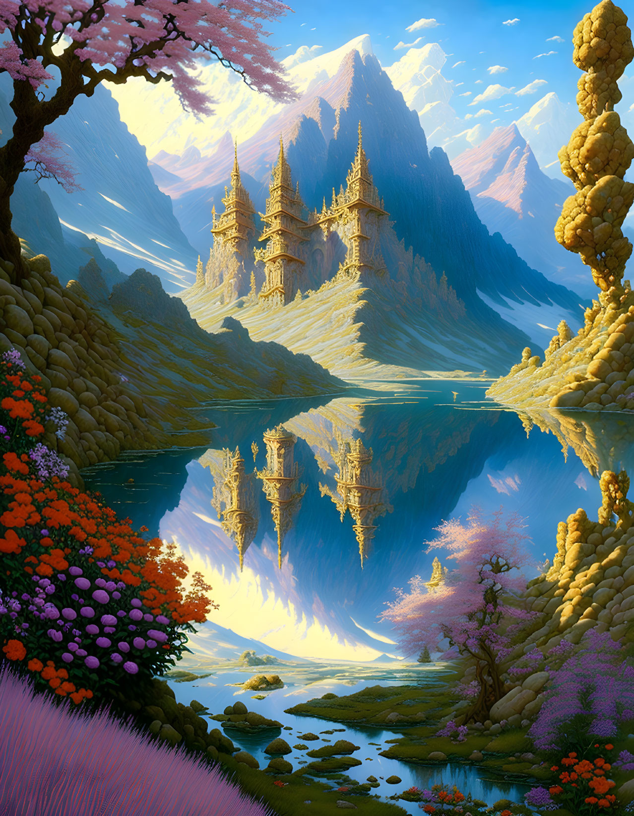 Fantasy landscape with castle, lake, flora, mountains, and clear sky