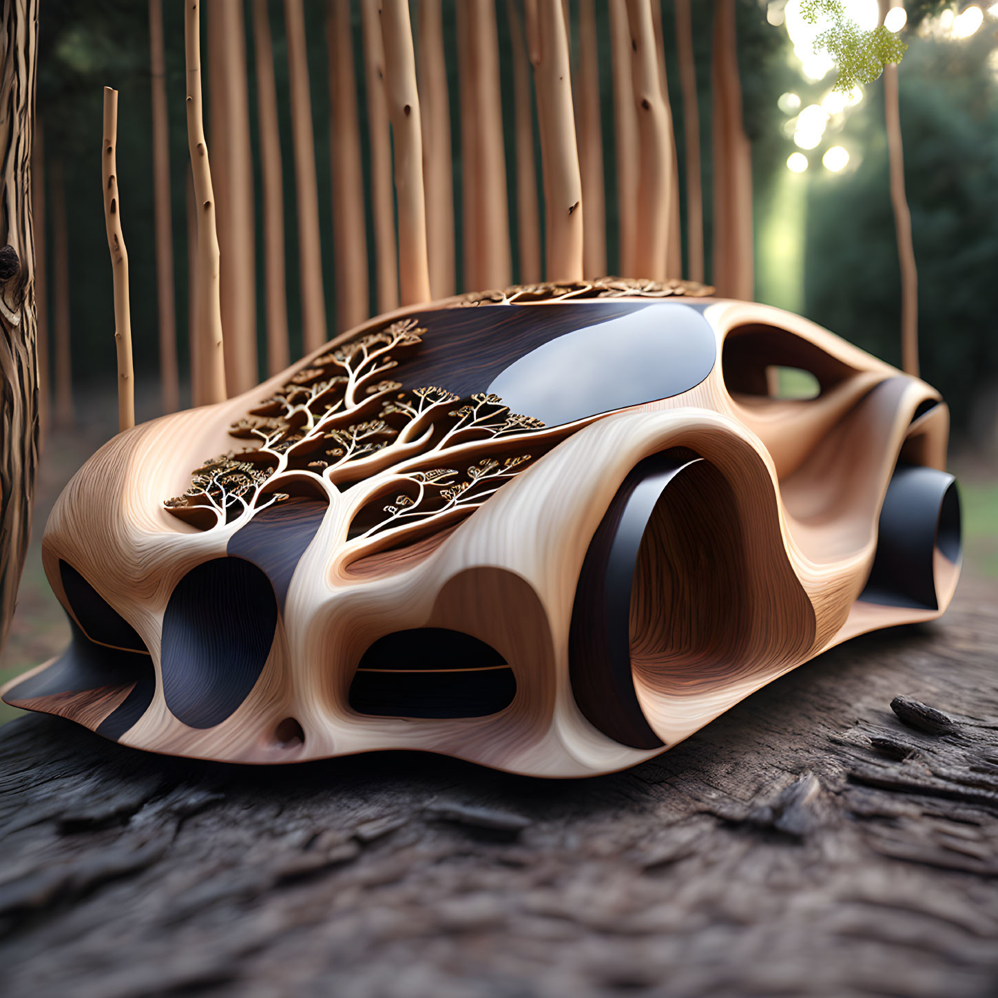 Futuristic wooden car concept with intricate tree branch designs