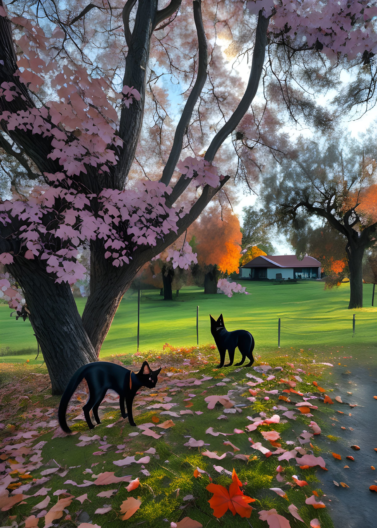 Black Cats Under Pink Tree on Golf Course in Autumn Sunrise/Sunset