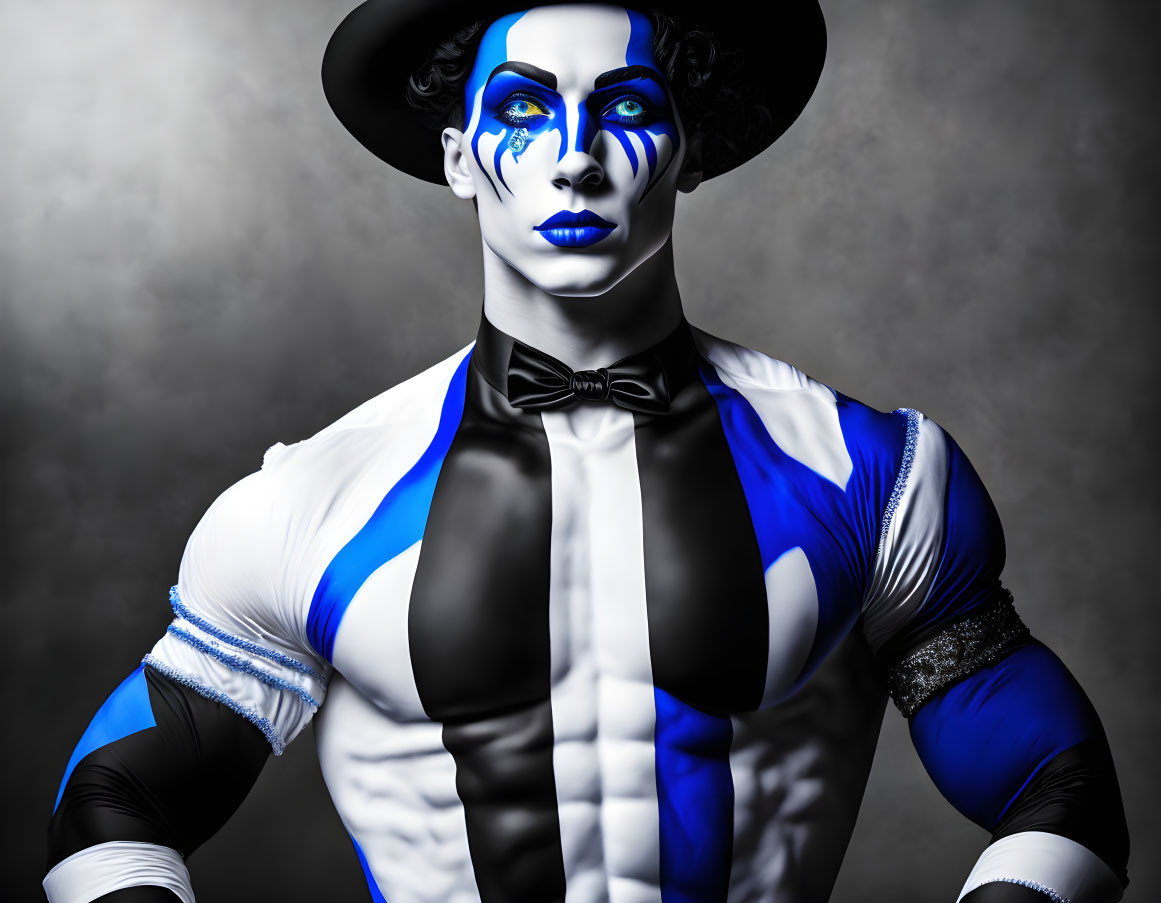 Blue and White Face Painted Person in Striped Outfit and Hat against Grey Background