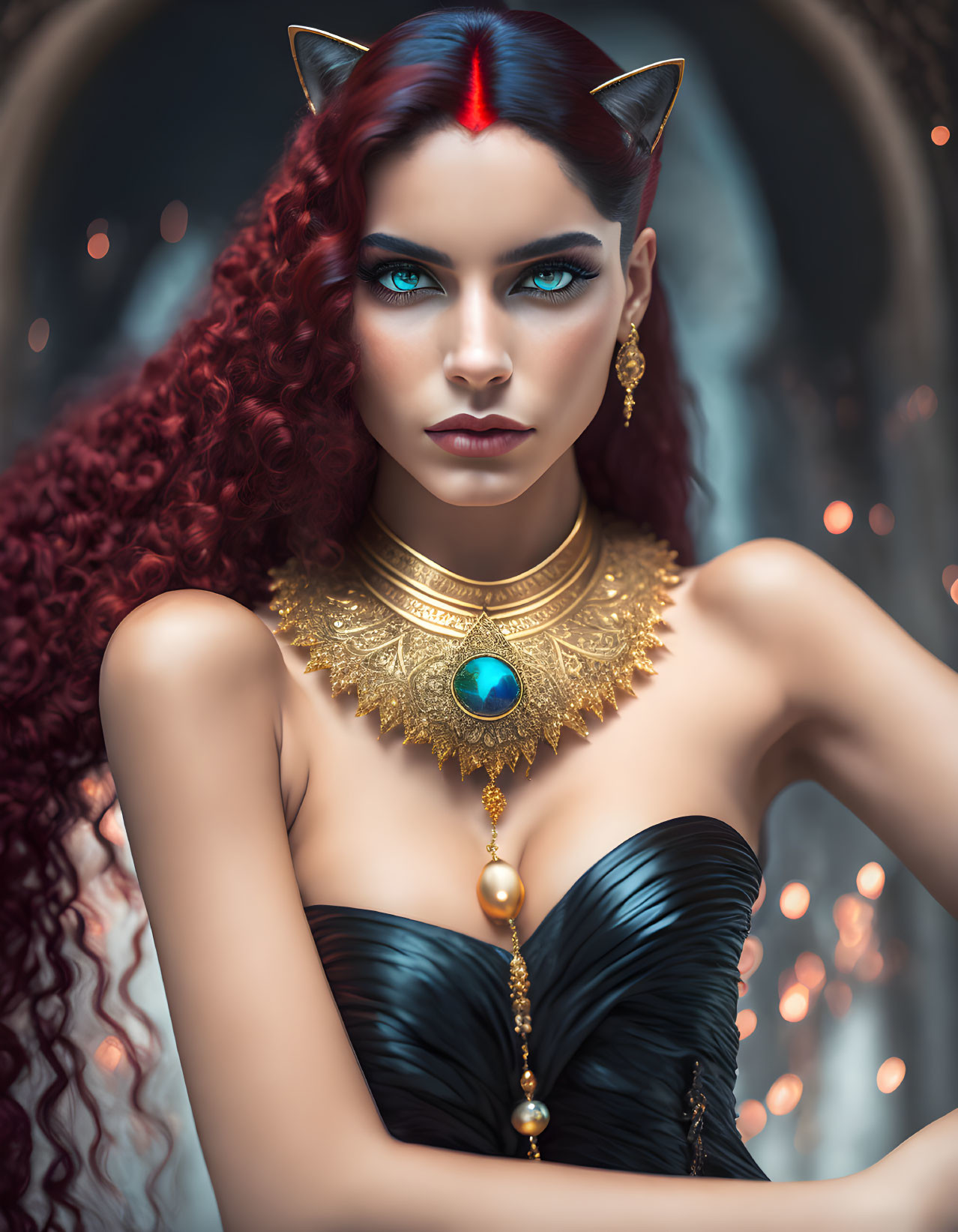 Red-haired woman with cat ears and gold necklace in warm bokeh lights