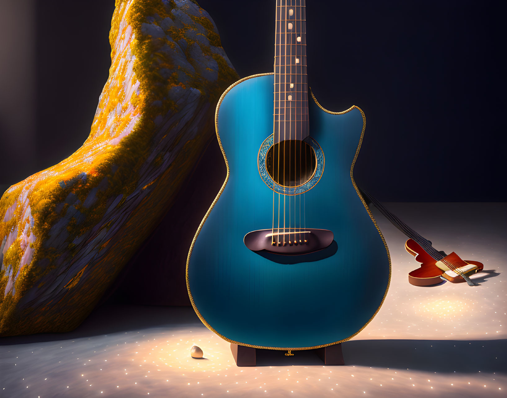 Blue Acoustic Guitar and Red Ukulele on Rock Under Spotlight