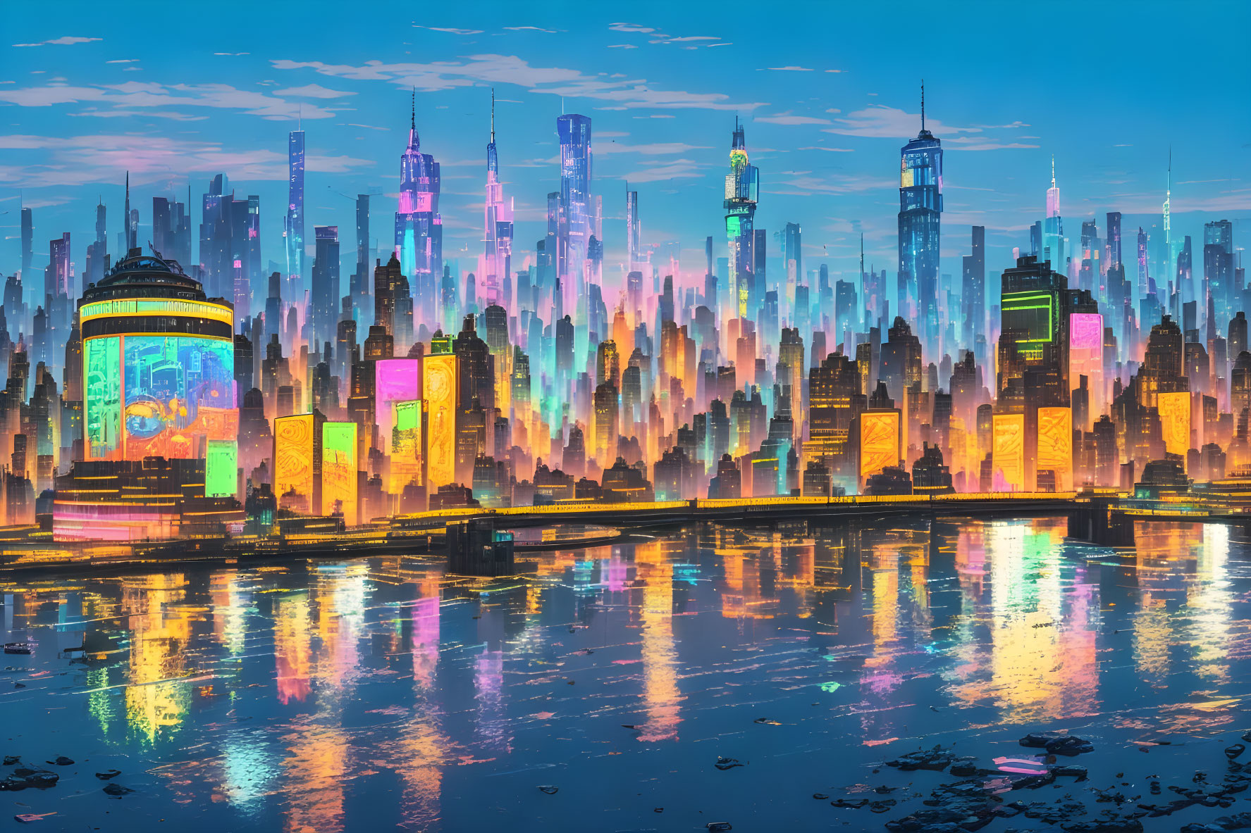 Futuristic twilight cityscape with skyscrapers and holographic ads